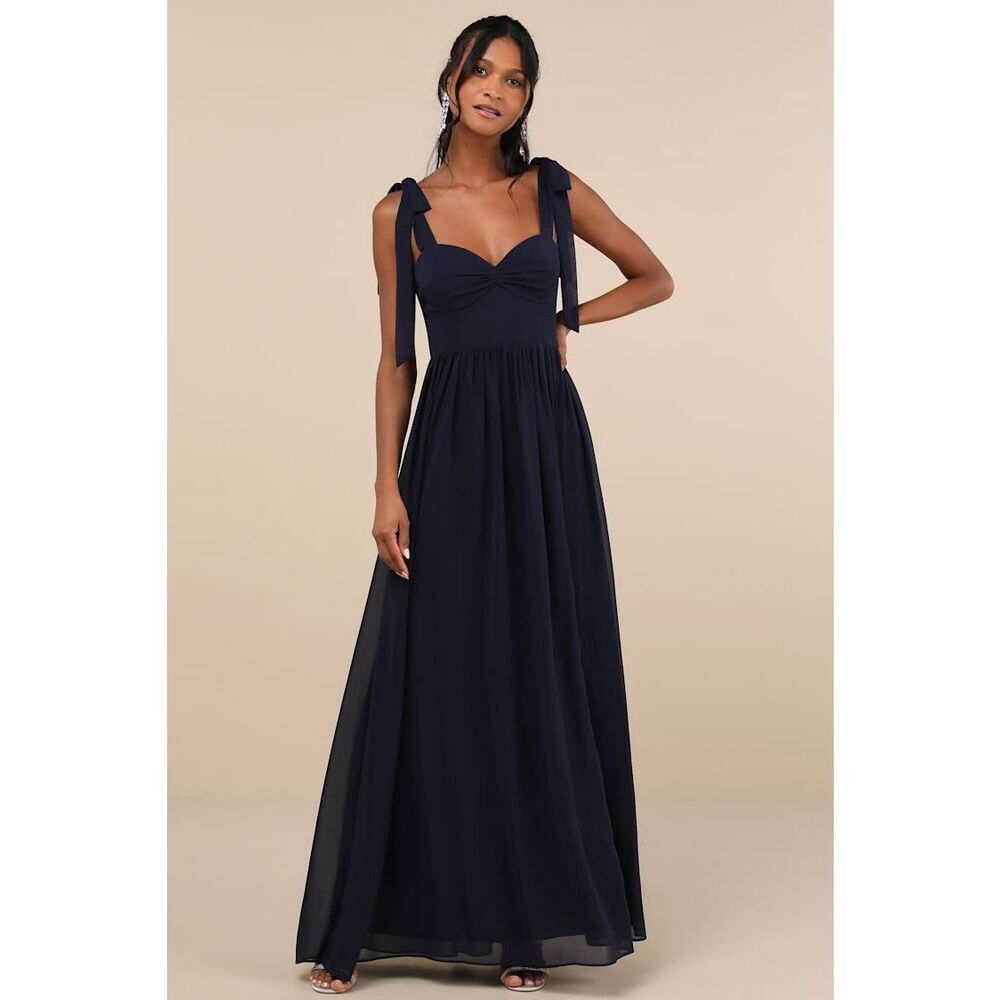Lulus Radiant Charisma Navy Chiffon Ruched Tie-Strap Maxi Dress Size XS NWT